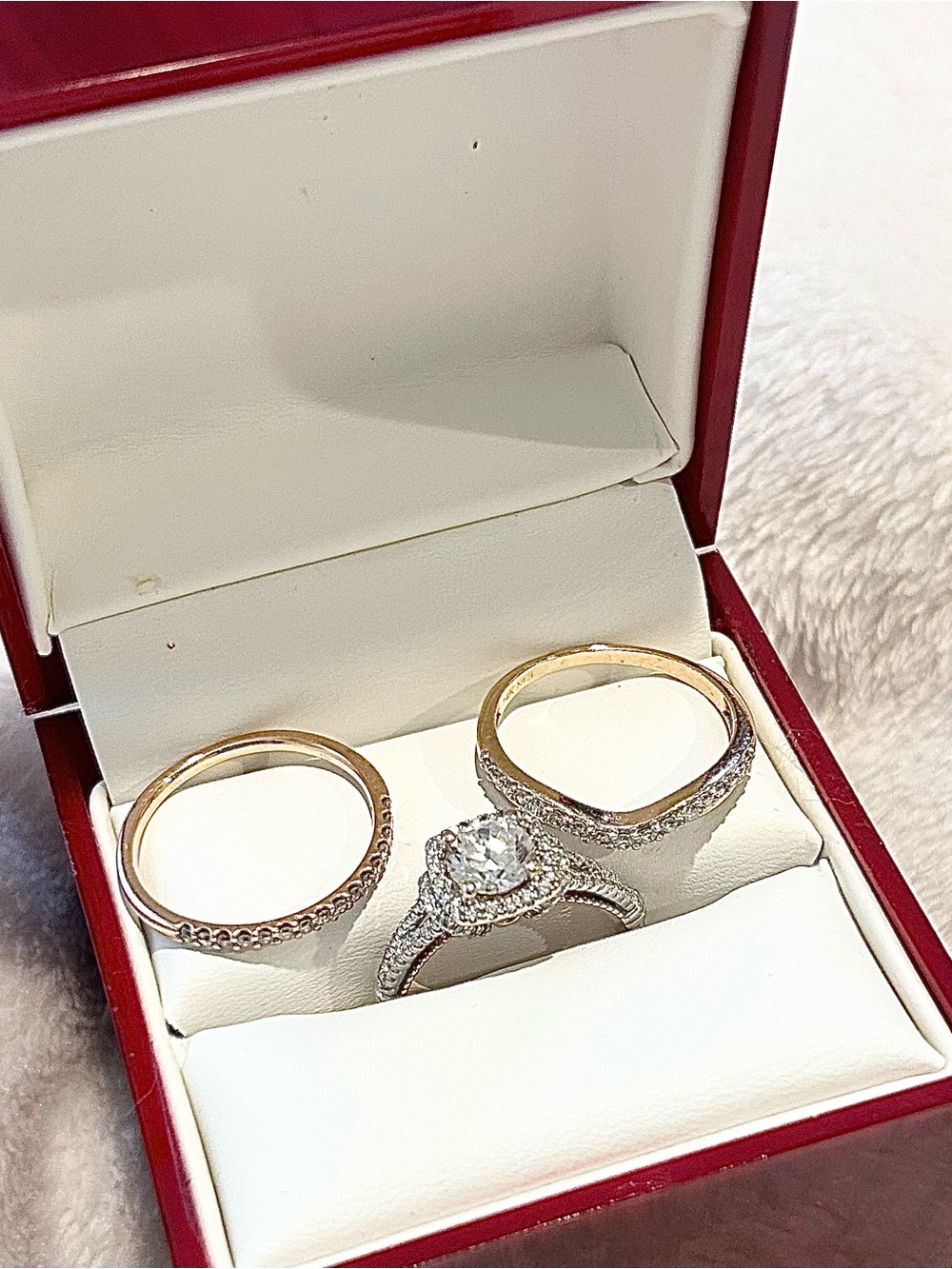 Verragio 14K White/Rose Gold Moissanite 3-Piece Bridal Set + Diamond Bands